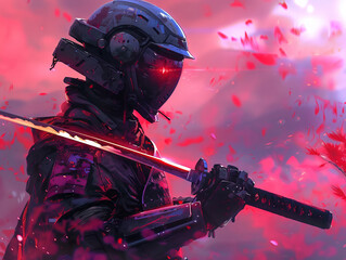 A futuristic warrior in armor holds a glowing katana amidst a vibrant landscape. Generative AI