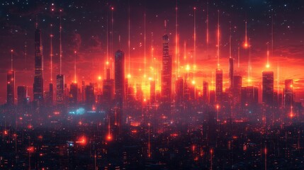 Fototapeta premium Futuristic Cityscape with Red Sky and Neon Lights