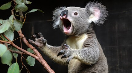 Obraz premium Surprised koala on eucalyptus branch