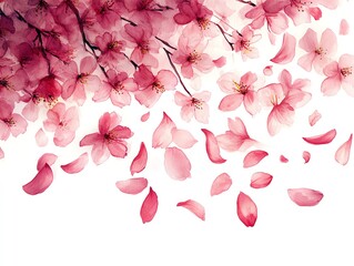 Watercolor painting of a cherry blossom branch with falling petals on a white background.