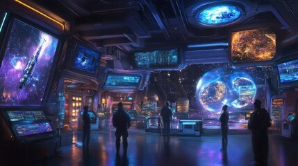 Obraz premium A futuristic space station control room with people observing the Earth and stars on screens.
