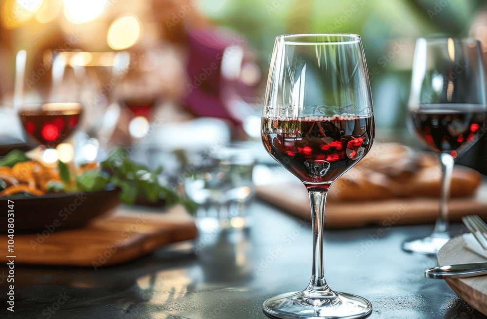 Wall mural friends enjoying red wine and food at a modern restaurant during summer lunch