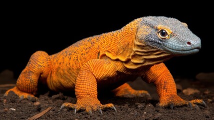 Obraz premium Full body view of a brightly colored orange lizard standing on dirt in a natural setting