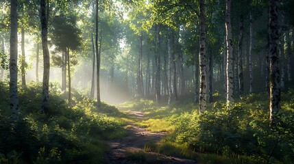 Obraz premium Sunlit Path Through a Misty Birch Forest