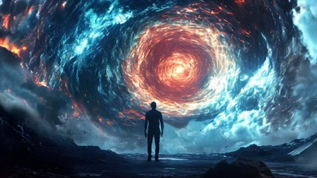 Back view of a man standing in front of huge swirling portal to another dimension. Fantasy parallel world travel concept 