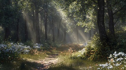 Obraz premium Sunbeams Through a Lush Forest Path