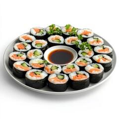 Detailed 3D rendering of a platter of sushi rolls, arranged beautifully with soy sauce, isolated against a white background