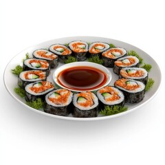 Detailed 3D rendering of a platter of sushi rolls, arranged beautifully with soy sauce, isolated against a white background