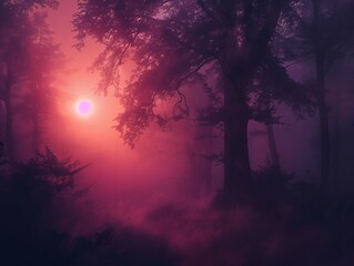 Obraz premium Misty forest at sunset casting ethereal hues with silhouettes of tall trees. Generative AI