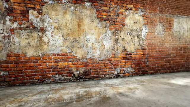 A weathered brick wall with peeling plaster and concrete floor