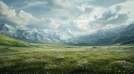 Obraz premium A lush green meadow at the foot of snow-capped mountains under a bright, cloudy sky.
