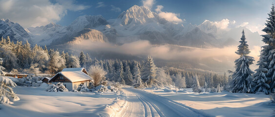 Stunning winter scene of snowy mountains and a cozy cabin at sunset. Generative AI
