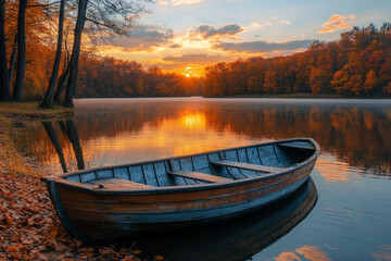 Obraz premium A boat sits in a lake with a beautiful sunset in the background