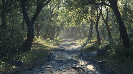 Naklejka premium A Sunlit Path Through a Lush Forest