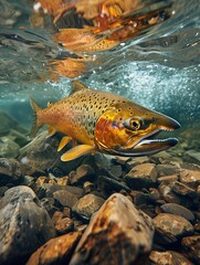 Naklejka premium Brown trout swimming in clear water among rocks in a natural habitat. Generative AI