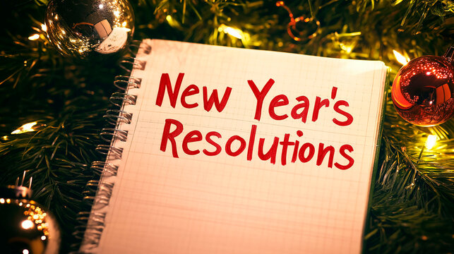 New Year's resolutions in notebooks about Christmas decorations