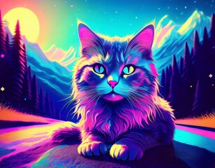 A fluffy kitten explores a neon-lit mountain road under a blue sky, radiating cuteness.