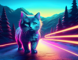 A fluffy kitten explores a neon-lit mountain road under a blue sky, radiating cuteness.