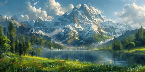 Fototapeta premium Tall mountains with snow-capped peaks tower above a clear lake, reflecting the vibrant sky