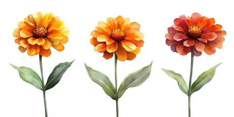 Three watercolor zinnias in shades of orange, yellow, and red, isolated on a white background.