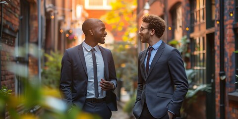 Two men enjoying a friendly chat in a charming urban alley at dusk. Generative AI