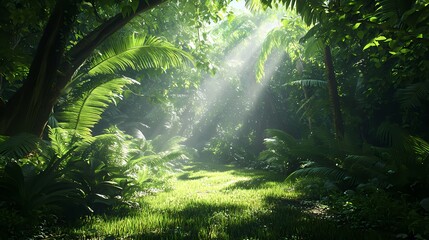 Fototapeta premium Sunbeams Filtering Through Lush Tropical Foliage
