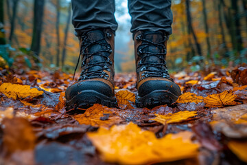 A person is standing in a forest with their feet in the mud