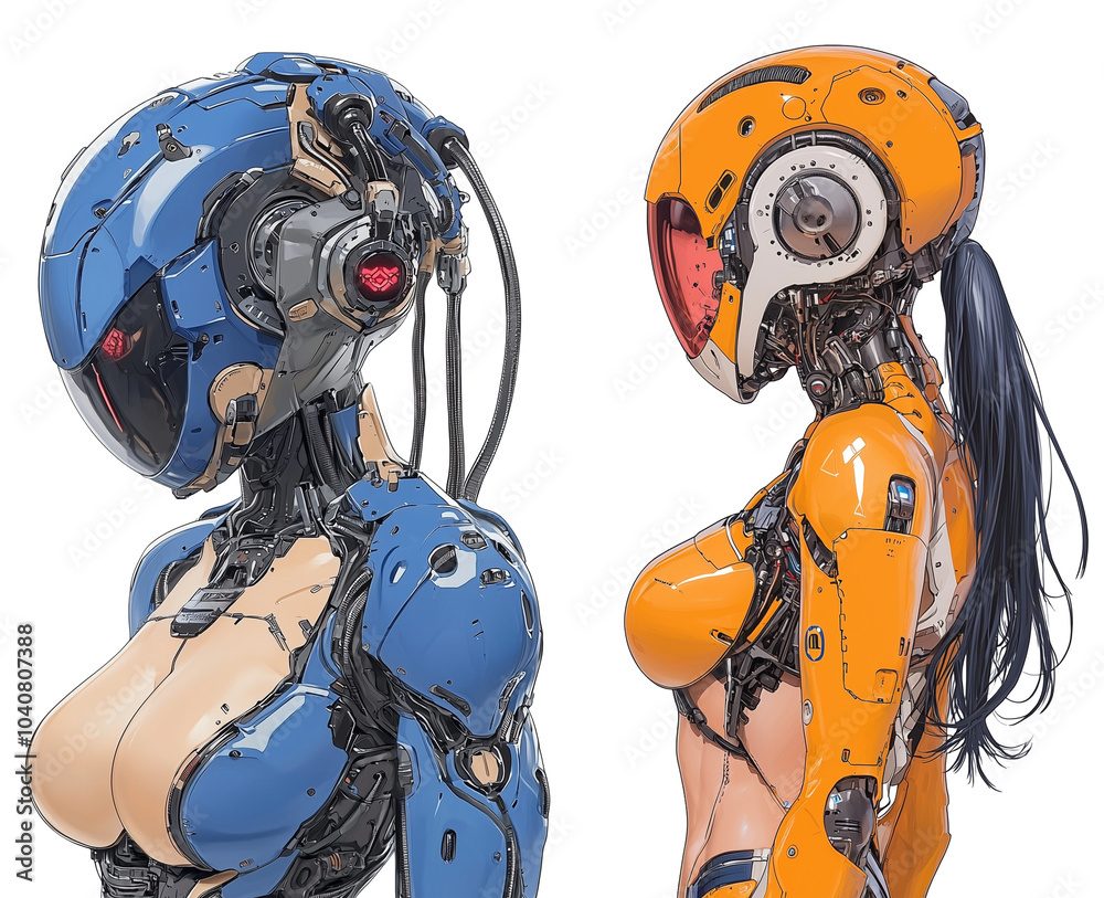 Poster futuristic cyberpunk female characters in vibrant colors, showcasing intricate robotic designs and t
