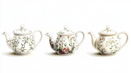 Elegant Teapots With Intricate Floral Designs Arranged , Showcasing Craftsmanship And Beauty