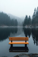 Obraz premium Misty forest lake with a bench by the shore
