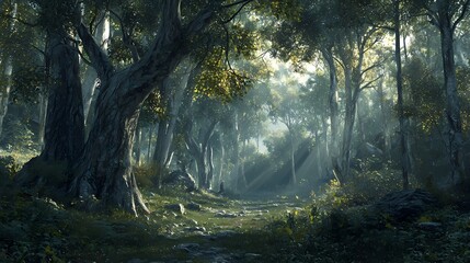 Fototapeta premium Sunbeams Illuminating a Misty Forest Path