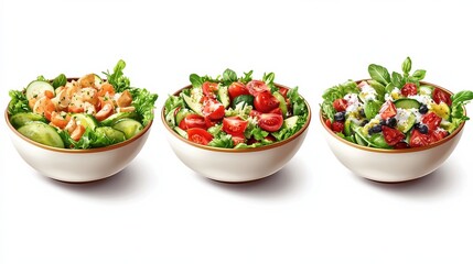 A Delightful Trio Of Gourmet Salads Presented In Elegant Bowls, Perfect For A Fresh And Healthy Meal Any Time Isolated On A White Background