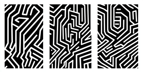Black and White Vector Pattern Design of Abstract Mazes in Three Unique Panels

