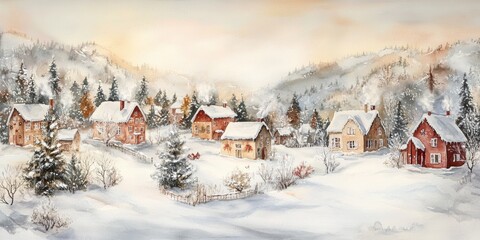 A picturesque snowy Christmas village with charming houses and evergreen trees under a soft winter sky