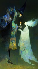 Naklejka premium Whimsical Witch and Glowing Ghost in Enchanted Night Scene – Vibrant Halloween Fantasy Art with Mystical Blue and Golden Hues, Candlelight, and Magical Atmosphere 