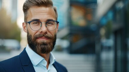 Fototapeta premium A confident young man shows off his stylish beard and smart outfit, exuding charisma on a bright sunny day outdoors.