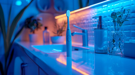 Fototapeta premium Morning Bathroom Scene with Glowing Toothbrush