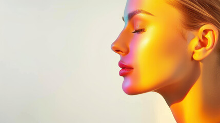 Striking fashion portrait showcasing a beautiful woman, artfully illuminated with colorful shadows, perfect for cosmetics advertising.