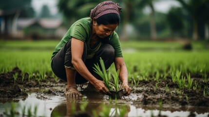 A diligent Asian woman cultivates rice in a sunkissed field, embodying dedication to her craft.