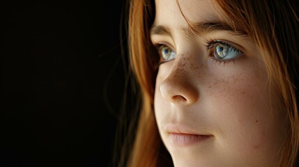 Fototapeta premium A stunning closeup of a young girl with captivating features, set against a deep black backdrop. Perfect for dramatic effect.