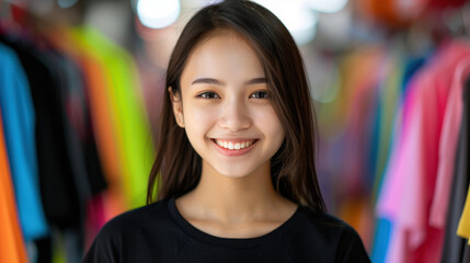 A stylish young Asian woman in sleek black attire stands confidently in a trendy clothing store, ready to assist shoppers.