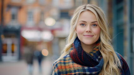 Fototapeta premium A stylish young woman in a warm woolen scarf strolls through the vibrant city streets, embracing the chill with grace.