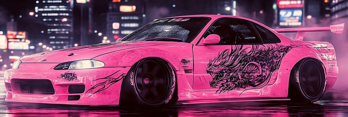 light pink drift car drifting through city with dragon art on the side of the car