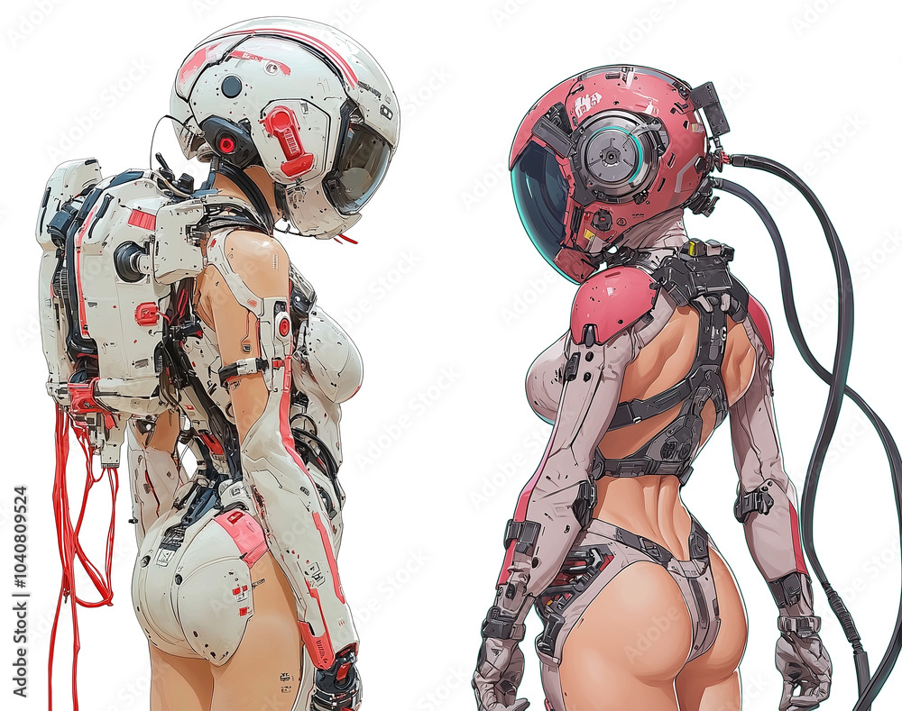 Poster futuristic cyberpunk female characters with robotic enhancements, showcasing intricate designs and v