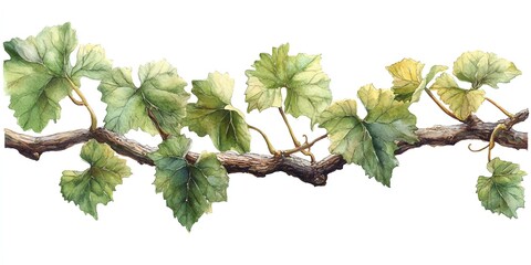 Watercolor painting of a grapevine with green leaves isolated on white background.