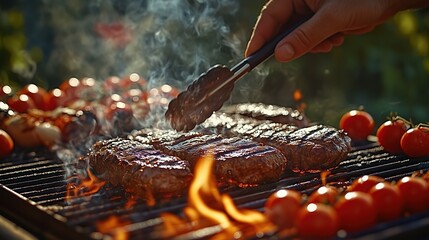A vibrant barbecue scene with grilling steaks and fresh vegetables, creating a lively outdoor cooking atmosphere. Perfect for projects related to food, summer, and outdoor gatherings.