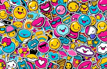 Y2K Aesthetic Stickers Collage Featuring Trendy Smile Patches and Comic Pop Art Elements
