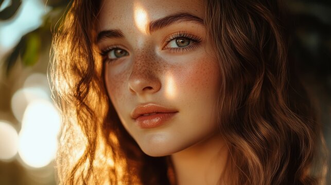 A woman with glowing skin and natural makeup poses under warm lighting, showcasing her beauty and confidence in a serene outdoor setting