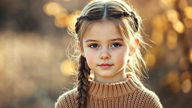 A young girl with braids looks at the camera, wearing a brown sweater, in a sunlit outdoor setting