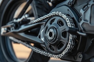 Obraz premium Close-up of the chain and pulley on an electric motorcycle 